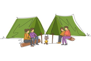 Sürekli bir çizgi halinde, iki çift kadın yürüyüşçüyü, kütüğün üzerinde oturmuş kaynar su içinde su pişirirken çekiyor. Kamp ateşi yakınında kamp yapan bir grup insan doğa dağlarında kamp yapıyor. Tek çizgi çizme tasarım vektörü