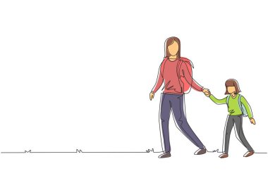 Tek sıra halinde mutlu bir anne, güzel kızını kamp alanına götürüyor. Piknik, eğlence, doğa gezisi. Modern sürekli çizgi çizimi tasarım grafik vektör çizimi