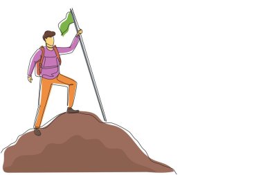 Sırt çantalı, yürüyüşçü, gezgin ya da gezgin, ayakta duran, bayrağı tutan ve doğaya bakan tek sıra. Yürüyüş, sırt çantası, macera turizmi ve seyahat. Bir çizgi çizme tasarım vektörü