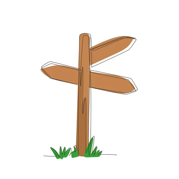 连续一行画木道方向标志 古板上的杆子上的棕色硬木为信息消息 纹理木标牌 方向箭头 单行绘图设计矢量 — 图库矢量图片