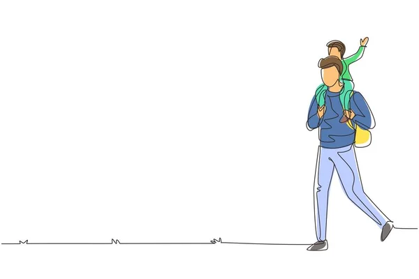 Una Sola Línea Dibujando Feliz Padre Caminando Llevando Hijo Espalda — Archivo Imágenes Vectoriales