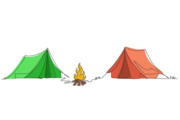 Single one line drawing two tent with bonfire. Climbing, trekking, hiking, walking. sports, camping, outdoor recreation, adventures in nature, vacation. Continuous line draw design vector illustration