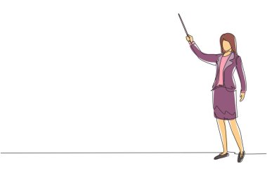 Sınıfın önünde sivri uçlu çubuk dersi veren bir öğretmen. Spor ceketli kadın öğretmen. Bir çizgi çizimi grafik tasarım vektör çizimi