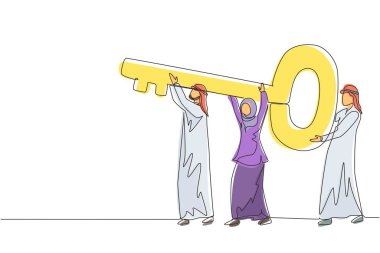 Tek sıra halinde Arap iş adamlarını kilidi açmak için elinde büyük bir anahtarla çekiyorlar. Kooperatif takım çalışması, işbirlikçi iş konsepti. Devamlı çizgi çizimi tasarım vektörü illüstrasyonu