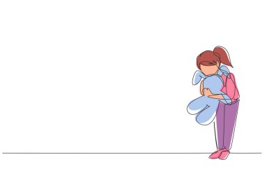 Tatlı küçük kızın çizdiği bir çizgi sürekli oyuncak ayıya sarılıyor. Oyuncak ayıyla oynayan küçük çocuklar. Çocukluk, oyuncaklar ve alışveriş konsepti. Tek çizgi çizimi tasarım vektörü grafik çizimi