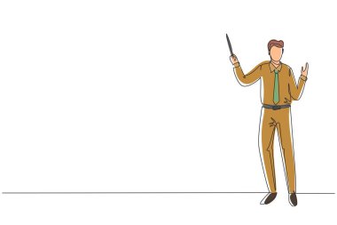 Okul öğretmenini çizmeye devam et. Tişörtlü, kravatlı ve işaret parmağıyla ayakta duran bir adam. Öğretim görevlisi, profesör, eğitmen, eğitimci iş adamı. Tek çizgi çizimi tasarım vektör çizimi