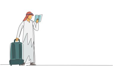 Tek satır halinde, ders kitabı okuyan Arap bir adam çiziyor. Erkek öğrenci elinde kitap ve bavuluyla ayakta duruyor. Eğitim için hevesli bir okuyucu. Devamlı çizgi çizimi tasarım vektörü illüstrasyonu