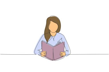 Okuma kitabı okuyan kızların çizdiği tek sıra, eğitim. Edebiyat okumak için masa başında oturan kadın öğrenci, masal kitapları ve ders kitapları, masada ders kitapları. Bir çizgi çizimi tasarım vektörü illüstrasyonu