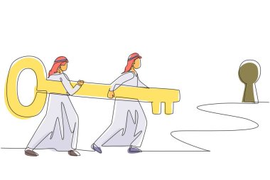 Sürekli bir satır halinde, büyük anahtarla anahtar deliğinin önünde duran Arap iş adamlarını çekiyor. İş ekibi başarının anahtarını elinde tutuyor. Kocaman anahtar taşıyan iki adam. Tek çizgi çizimi tasarım vektör çizimi