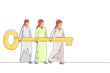 Çözüm konsepti olan iş adamlarından oluşan problem çözme ekibi. Arap işadamları büyük anahtar taşır. Yaratıcı insanların dünya koleksiyonunu oluşturun. Devamlı çizgi çizim tasarım vektörü