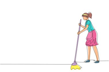 Tek sıra halinde, yerleri paspaslayan ve içeriyi temizleyen mutlu genç bir kadın. Ev temizliği, ev işi ya da temizlikçi ve hademe. Tek çizgi çizimi tasarım vektörü grafik çizimi