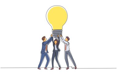 Tek sıra halinde çizen insanlar büyük bir lamba fikri buldular. İş hayatında başarı takım çalışmasına, iyi planlamaya, sorunlara yaratıcı çözümler bulmaya bağlıdır. Devamlı çizgi çizimi tasarım vektörü illüstrasyonu