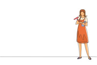 Sürekli bir çizgi çizerek mutlu kadın temizlikçi poz veriyor ve temizlik aletini tutuyor. Havalı pozlarla temizlik servisi. Temizlik servisinde çalışmaktan keyif alan insanlar. Tek çizgi çizme tasarım vektörü