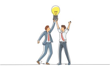 Tek ve sürekli çizim hedefi tutturmak, kazanmak, takım çalışması, iş. Takım işadamının elinde ampul var. Başarılı sorun çözümü fikir oluşturma. Bir çizgi çizimi tasarım vektörü illüstrasyonu