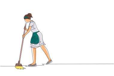 Ofiste sürekli tek sıra halinde yerleri paspaslayan kadınlar. Temizlik işçileri. Profesyonel temizlik personeli, temizlikçi ve temizlik malzemeleri. Bir çizgi çizimi tasarım vektörü illüstrasyonu