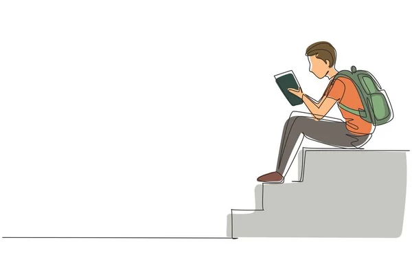 Continuous one line drawing modern young man reading book sitting on stairs. Smart male reader enjoying literature or studying, preparing for exam. Single line draw design vector graphic illustration