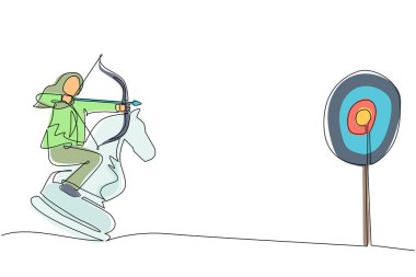 Elinde okçuluk olan Arap iş kadını, satranç şövalyesi taşına binerken hedef alıyor. Stratejik bir kavram. Başarılı bir işletme yöneticisi. Tek çizgi çizimi tasarım vektör çizimi