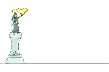 Tek sıra halinde, büyük kalenin tepesinde duran ve bayrak sallayan Arap iş kadını çiziyor. Lider başarı konsepti. Başarılı iş stratejisi. Bir çizgi çizimi tasarım vektörü illüstrasyonu