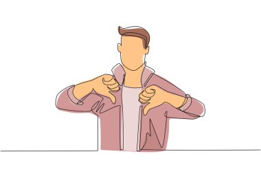 Tek sıra halinde, mutsuz genç bir adamın baş parmak işareti işareti göstermesi. Hoşlanmamak, katılmamak, hayal kırıklığı, onaylamamak, anlaşma yok. Duygu, vücut dili konsepti. Bir çizgi çizme tasarım vektörü