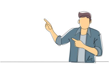 Tek sıra halinde genç bir adam ellerini uzatıyor ve ayakta durup gülümserken bir şey gösteriyor ya da gösteriyor. Duygu ve vücut dili. Devamlı çizgi çizimi grafik vektörü