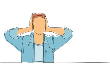 Sürekli bir çizgi halinde bir adam elleriyle kulaklarını kapatıyor ya da kapatıyor, jestleri duymuyor ya da dinlemiyor. Erkek duymak ya da dinlemek istemiyor. Tek çizgi çizimi tasarım grafik vektör çizimi