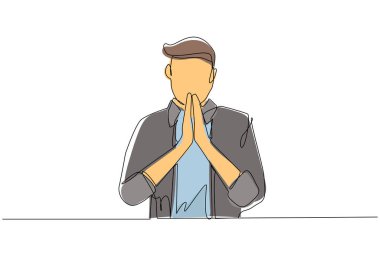 Tek sıra halinde, kapalı gözlerle dua eden genç bir adamı bir araya getiriyor. Avuç içi dua eden modacı. İnsani duygular, vücut dili. Aralıksız çizgi çizimi tasarım grafik vektör çizimi