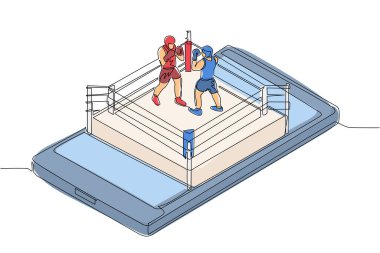 Akıllı telefon ekranında iki boksörle tek sıra halinde boks ringi çiziyor. Profesyonel spor müsabakası: maç sırasında boks düellosu, mobil uygulama. Bir çizgi çizimi tasarım vektörü illüstrasyonu