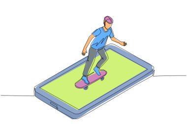 Akıllı telefon ekranında kaykaya binen genç bir adamın sürekli çizdiği bir çizgi. Sıradan kıyafetler içinde şık bir erkek patenci. Havalı adam şehirde geziyor, açık hava aktiviteleri yapıyor. Tek çizgi çizme tasarım vektörü