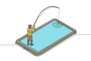 Tek sıra halinde, akıllı telefon ekranında genç bir erkek balık tutuyor. Cep telefonunda duran ve oltayla balık tutan bir adam. Balıkçı mobil uygulaması. Modern sürekli çizgi çizimi tasarım grafik vektör çizimi