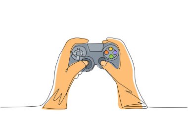 Video oyunu konsolunu tutan genç adamın sürekli çizdiği tek çizgi. Oyuncuların oyun sahasını tutması. Video oyunu oynayan adam. Evde boş vakit geçirmek. Bir çizgi çizimi grafik tasarım vektör çizimi