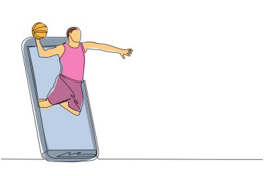 Tek bir çizgi basketbolcunun zıplamasını ve akıllı telefon ekranından smaç basmasını çekiyor. Canlı mobil uygulamalı çevrimiçi basketbol oyunu. Aralıksız çizgi çizimi tasarım grafik vektör çizimi