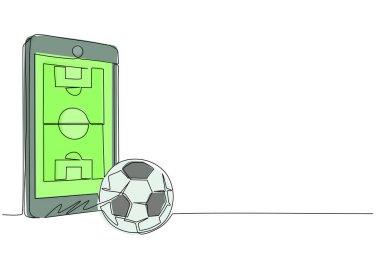 Uygulama futbol sahası ve top ile tek sıra halinde akıllı telefon çiziyor. Mobil spor akış şampiyonluğu maçı. Çevrimiçi futbol maçları. Bir çizgi çizimi grafik tasarım vektör çizimi