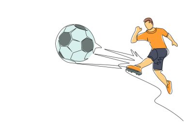 Devamlı bir çizgi halinde genç erkek futbolcu ileri doğru koşuyor ve topa vuruyor. Beyaz spor üniformalı, çizmeli, ayaklı bir adam futbol oynuyor. Tek çizgi çizimi tasarım vektörü grafik çizimi