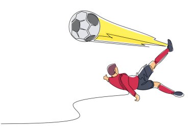 Tek çizgi çizen futbolcu tepe vuruşu yapıyor. Futbolcu gol atmak için topun üzerinden atlama eylemi yapıyor. Modern sürekli çizgi çizimi tasarım grafik vektör çizimi