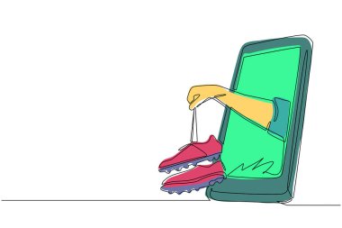 Akıllı telefon ekranından çıkan tek bir çizgi elinde futbol ayakkabısı çiziyor. Mobil futbol. Mobil spor karşılaşması. Çevrimiçi futbol maçı. Bir çizgi çizimi tasarım vektörü illüstrasyonu
