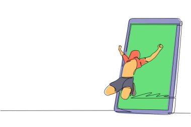 Tek çizgi çizen futbolcu, kafasında formasıyla akıllı telefon ekranından golü kutluyor. Canlı mobil uygulamalı çevrimiçi futbol maçı. Bir çizgi çizimi tasarım vektörü illüstrasyonu