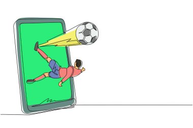 Devamlı bir çizgi çizen futbolcu, akıllı telefon ekranından topa vuruyor. Mobil spor karşılaşması. Canlı mobil uygulamalı çevrimiçi futbol maçı. Tek çizgi çizimi tasarım vektörü grafiği