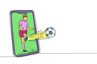 Tek çizgi çizen futbolcu akıllı telefon ekranından futbol topunu tekmeliyor. Uygulamalı futbol topu olan akıllı telefon. Mobil spor akış şampiyonluğu maçı. Devamlı çizgi çizim tasarım vektörü
