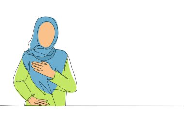 Tek sıra halinde, genç bir Arap kadının elini göğsüne koyması. Gülümseyen dost canlısı bayan şükranlarını sunuyor. Duygu, vücut dili konsepti. Aralıksız çizgi çizimi tasarım grafik vektör çizimi