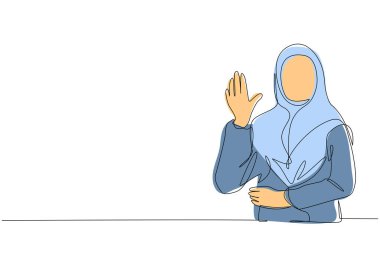 Tek sıra halinde genç Arap iş kadını dur işareti, dur, dur ya da reddet işareti olarak el işaretini gösteriyor. Duygu, vücut dili konsepti. Aralıksız çizgi çizimi tasarım grafik vektör çizimi