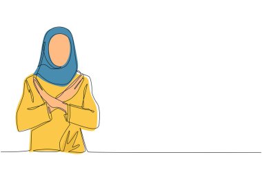 Aralıksız tek sıra halinde genç Arap bir kadının kollarını kavuşturması ve el hareketi yapmaması. X şeklini alan kişi, elleri ve negatif ifadesi olan dur işareti. Bir çizgi çizimi tasarım vektörü illüstrasyonu