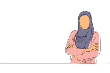 Aralıksız tek sıra halinde kolları bağlı genç Arap iş kadınını çekiyor. Kolları çaprazlanmış, yalnız duran, tesettürlü tatlı bir kadın. Dinamik bir çizgi çizer grafik tasarım vektörü çizer