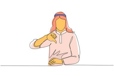 Tek sıra halinde, mutsuz genç bir Arap 'ın baş parmak işareti işareti göstermesi. Hoşlanmamak, katılmamak, hayal kırıklığı, onaylamamak, anlaşma yok. Duygu, vücut dili. Bir çizgi çizme tasarım vektörü