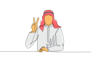 Sürekli gülümseyen bir Arap çizgisi zafer işareti gösteriyor. Genç işadamı jesti başarılı. Erkek zafer işareti yapıyor. Başarı ve barışın işareti. Tek çizgi çizimi tasarım vektörü grafiği