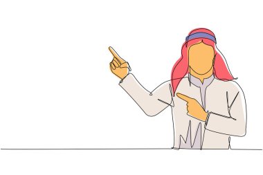 Tek sıra halinde duran ve gülümseyen Arap adam ellerini uzatıyor ve ayakta dururken bir şey gösteriyor veya sunuyor. Duygu ve vücut dili. Bir çizgi çizimi tasarım vektörü illüstrasyonu