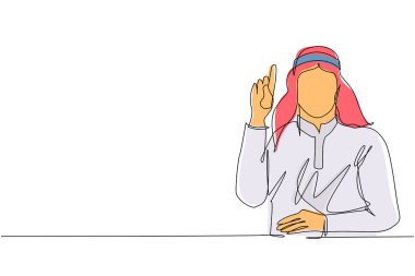 Ayakta durup gülümseyen genç bir Arap erkeği işaret eden tek sıra. Mutlu adam fotokopi alanını işaret ediyor. Duygu ve vücut dili kavramı. Bir çizgi çizimi tasarım vektörü illüstrasyonu