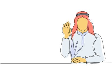 Tek sıra halinde genç Arap işadamı dur işareti, dur, dur ya da reddet işareti olarak avuç içi gösteriyor. Duygu, vücut dili konsepti. Aralıksız çizgi çizimi tasarım grafik vektör çizimi