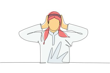 Sürekli bir çizgi halinde, Arap bir adam elleriyle kulaklarını kapatıyor ya da kapatıyor. Duymuyor ya da dinlemiyor. Erkek duymak ya da dinlemek istemiyor. Tek çizgi çizimi tasarım vektör çizimi