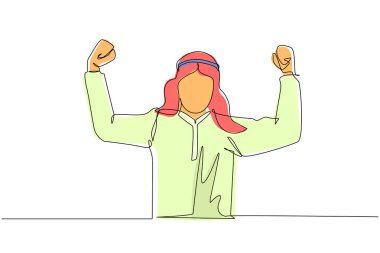 Şirketimizin mutlu Arap erkek çalışanını çeken tek satır güçlü bir duruşta duruyor. İş adamı el hareketi yapar. Ofis çalışanı. Başarı konsepti. Devamlı çizgi çizimi tasarım vektörü illüstrasyonu