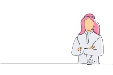 Geleneksel giysiler içinde gülümseyen, kendine güvenen, kollarını kavuşturan tek sıra. Kollarını kavuşturarak ayakta duran aktif bir iş adamı. Bir çizgi çizimi tasarım vektörü illüstrasyonu